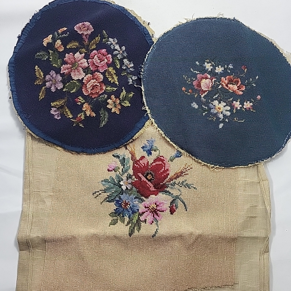 Floral Needlepoint Panel Lot Of 3 Rose Flower Bouquet Green Leaves Handmade